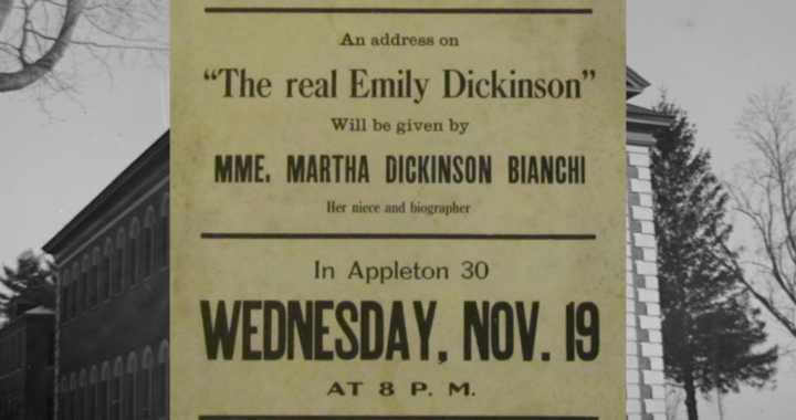 Archival poster for a lecture on "the real Emily Dickinson" given by Martha Dickinson Bianchi