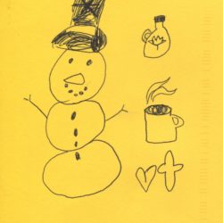 Postcard with ink illustration featuring a snowman, maple syrup, coffee, and symbols.