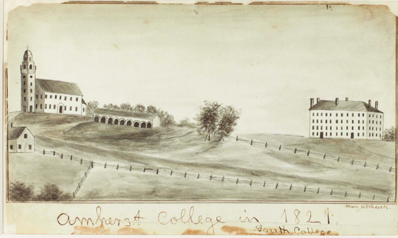 Illustration of the Amherst College campus in 1821