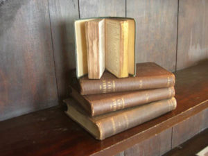 Four books on a shelf in the homestead library