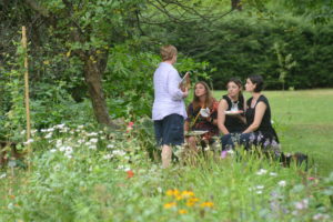 Visitors sitting in the Dickinson gardens