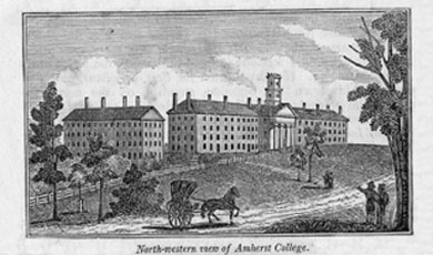 black and white print of Amherst College buildings with horse draw carriage in foreground