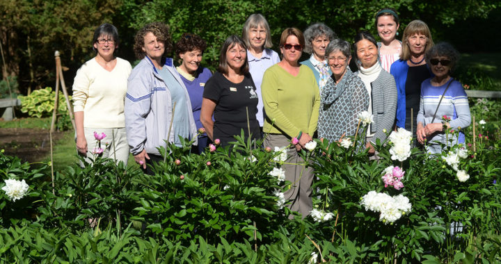 Group of people standing in a garden on the grounds of the museum