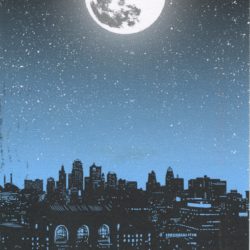 Colored postcard of moon over cityscape