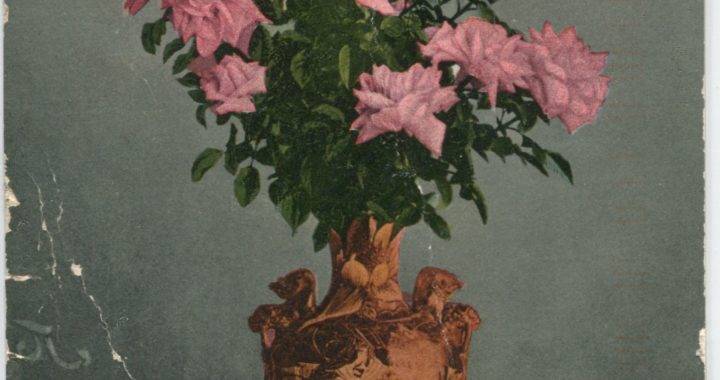 Color postcard with roses in vase