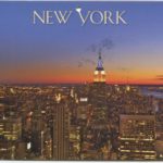 Postcard of New York skyline at sunset