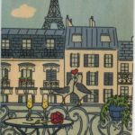 Color postcard of Paris, balcony, and birds