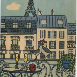 Color postcard of Paris, balcony, and birds