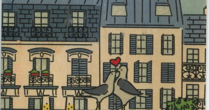 Color postcard of Paris, balcony, and birds