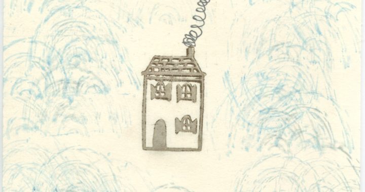 Postcard with house and smoke pluming out of chimney