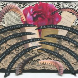 postcard with a paper collage of flower books and words on lace fragments