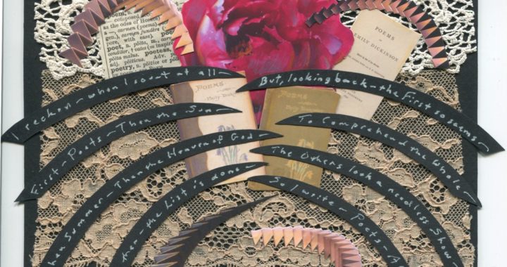 postcard with a paper collage of flower books and words on lace fragments