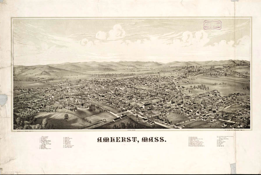 Black and white print of a birdseye view of Amherst. Low hills enclose a village of houses, shops, factories, fields, and streets.