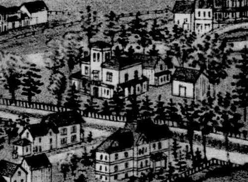 Lithograph aerial view of Amherst with Evergreens and Homestead