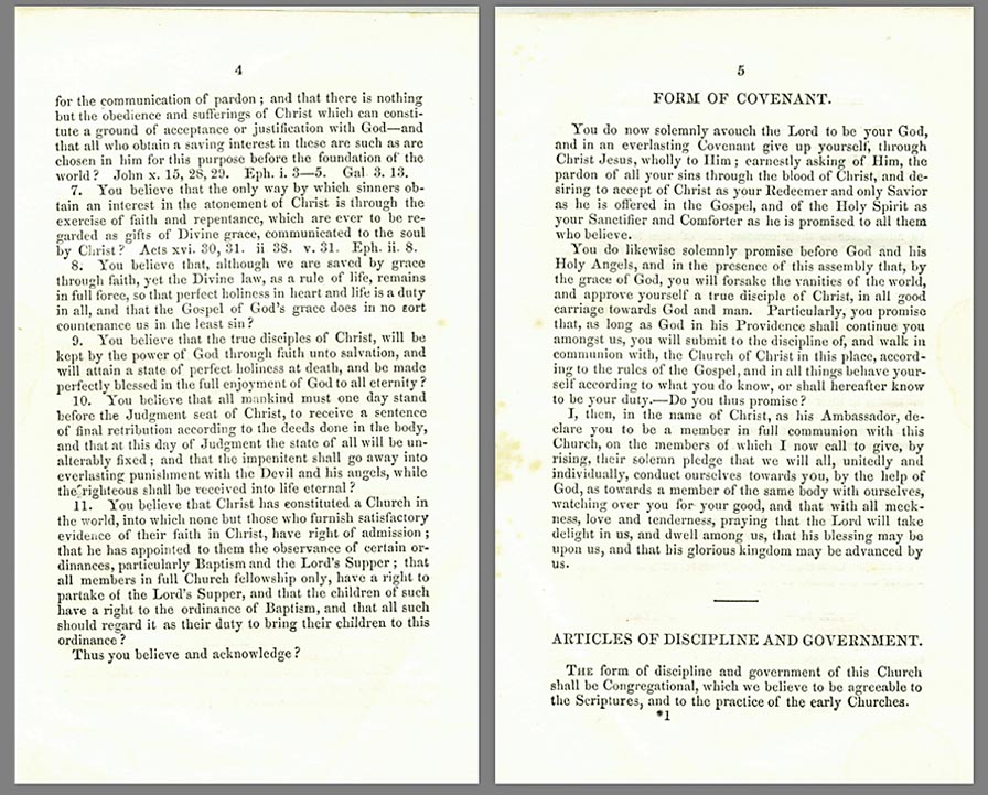 Printed page with underlined header “Articles of Faith.” Statements of faith are listed in eleven numbered paragraphs.