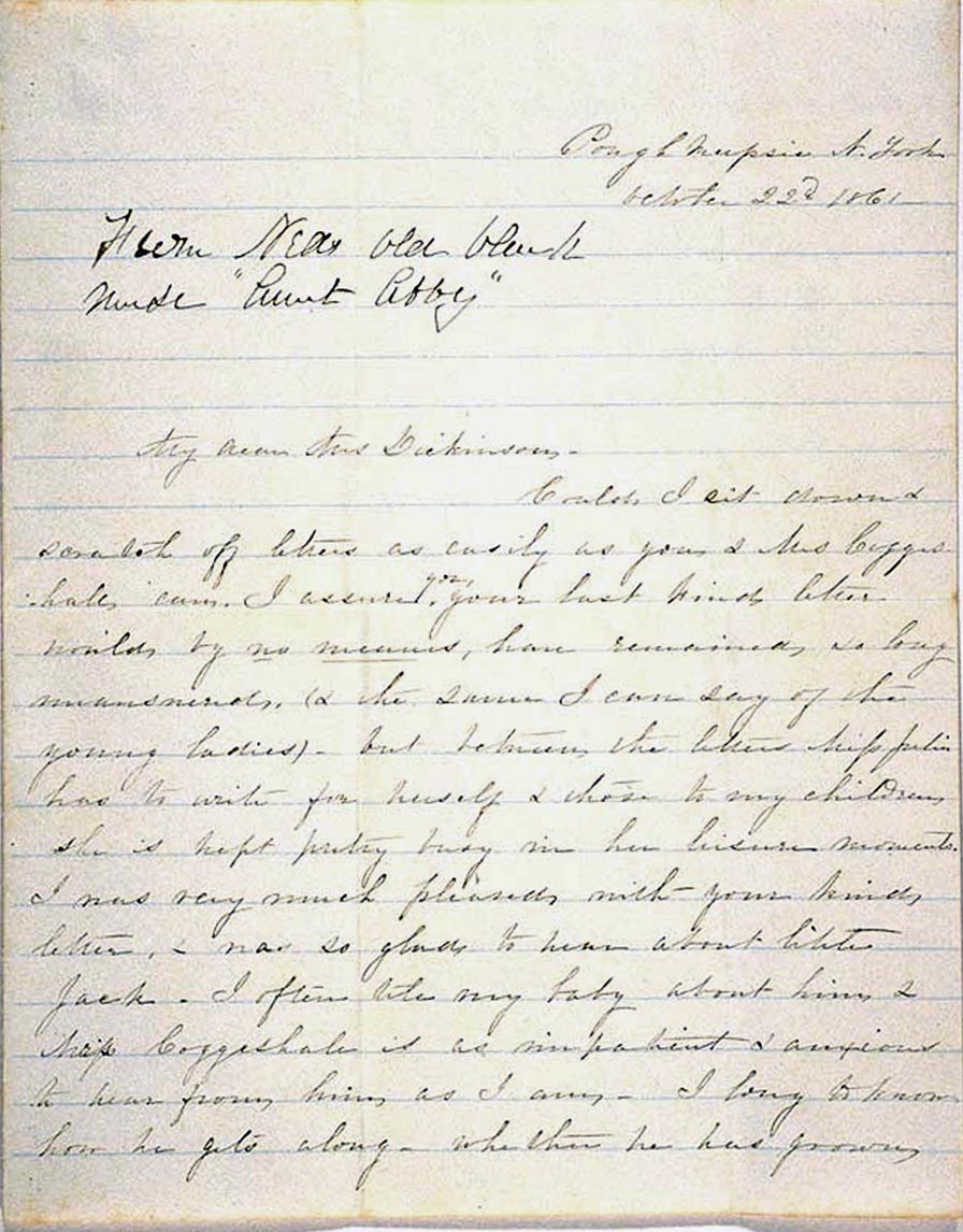 Letter on lined paper in narrow script. Labeled a different hand: “From Ned’s old black nurse “Aunt Abby.”