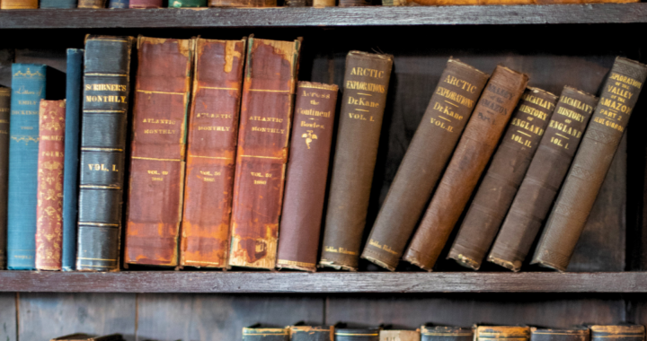 A close-up of about 30 books collected in the Homestead library