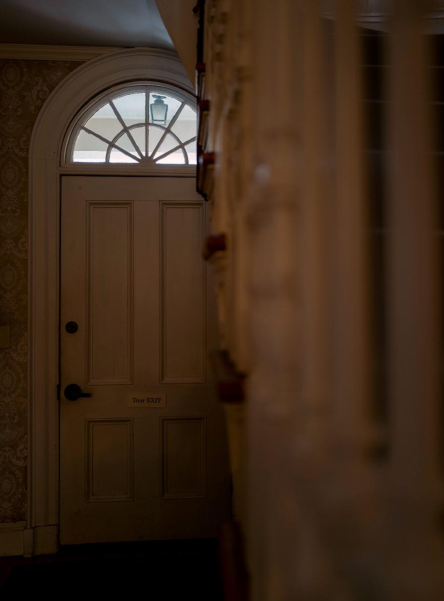 A moody view of the back door with its fan light above.