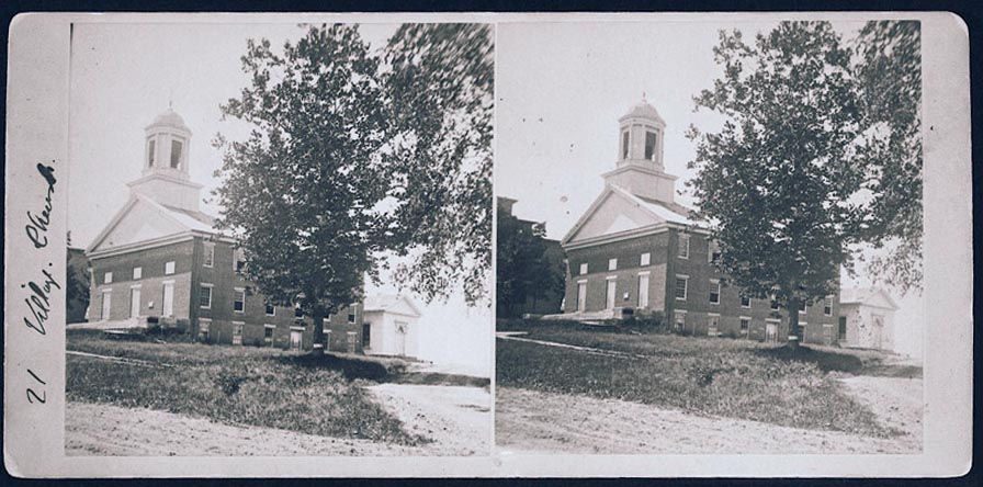 Card with side-by-side images of a brick church on a grassy slope. The belfry has a conical roof.
