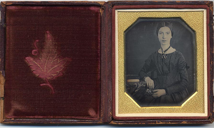 Gilt & red-velvet cased daguerreotype of a slender young woman, a ribbon tied at her throat, holding a sprig of flowers.