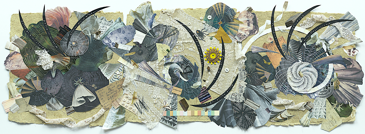 A rectangular collage of images of spiderwebs and books, lines from ED's poem 'a spider sews at night', and pieces of lace and string, creating and intricate and textural web