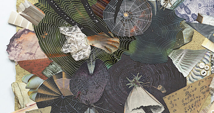 A swirling collage of images of spiderwebs, lines from ED poem 'A spider sews at night', images of books, and pieces of lace and string form an intricate web