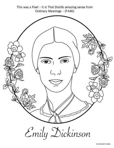 This is a printable coloring sheet depicting Emily Dickinson.