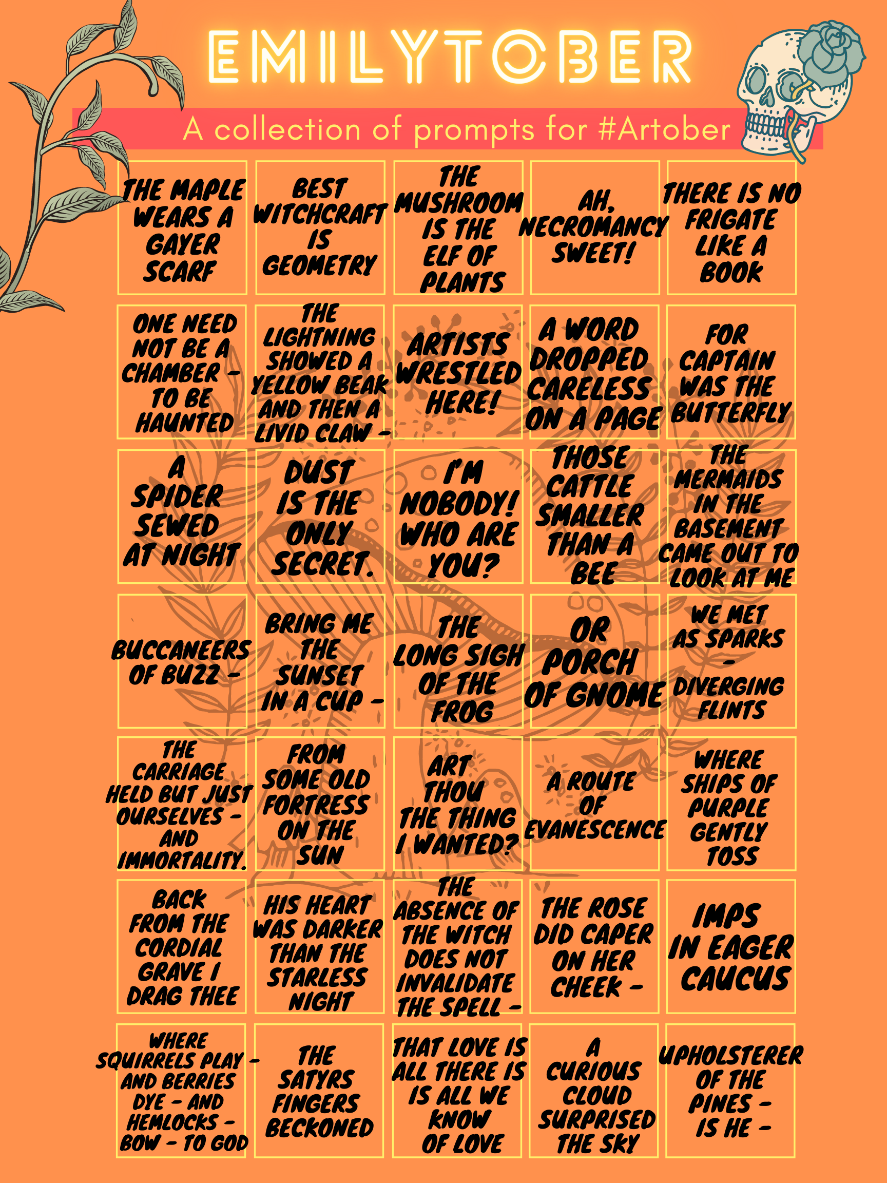 The prompts are arranged in a grid over an orange background featuring a faded image of a mushroom, and framed by images of a skull, flowers, and vines