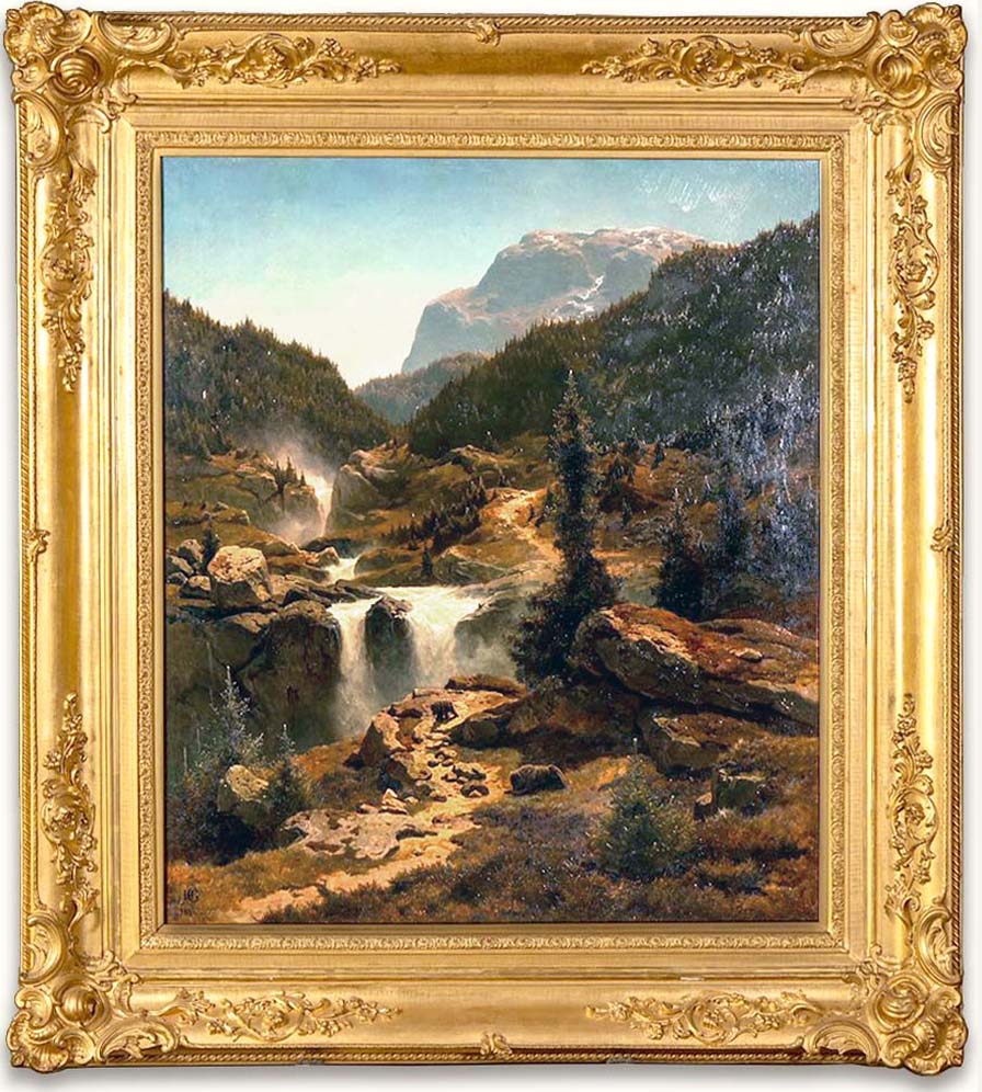 Gilt-framed oil painting depicting a mountain landscape, waterfall, and bears.