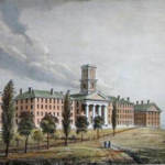 Illustration of Amherst College buildings known as College Row in the 1800s