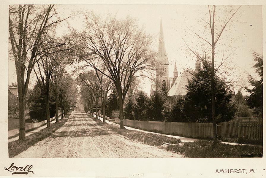 Center: a tree-lined dirt road. On right, a gothic church with tall spire. On left, The Evergreens cupola above the trees.