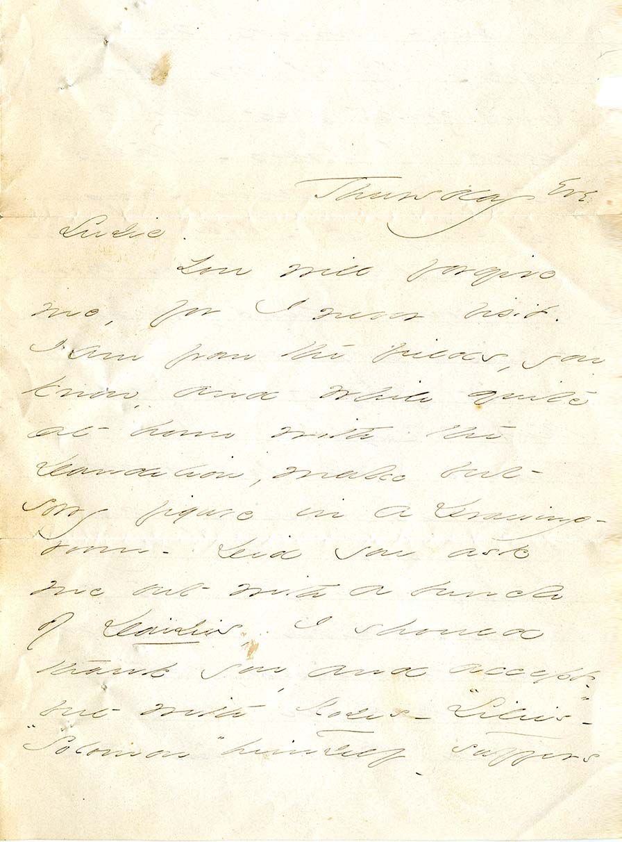 Manuscript written in ink in script. The paper has six creases with “Susie.” written on what would have been the top fold.