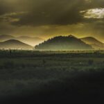 A photo taken from the perspective of a cemetery in Bosnian, featuring rolling, misty hills on a thickly cloudy day; In the foreground is a seemingly endless expanse of field. The whole photo is in tones of deep yellows, greens and blacks.