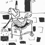 A rendering in black ink of a mermaid, seated in a janitor's trolley, mopping a tiled floor as two eyes look on from a nearby wall