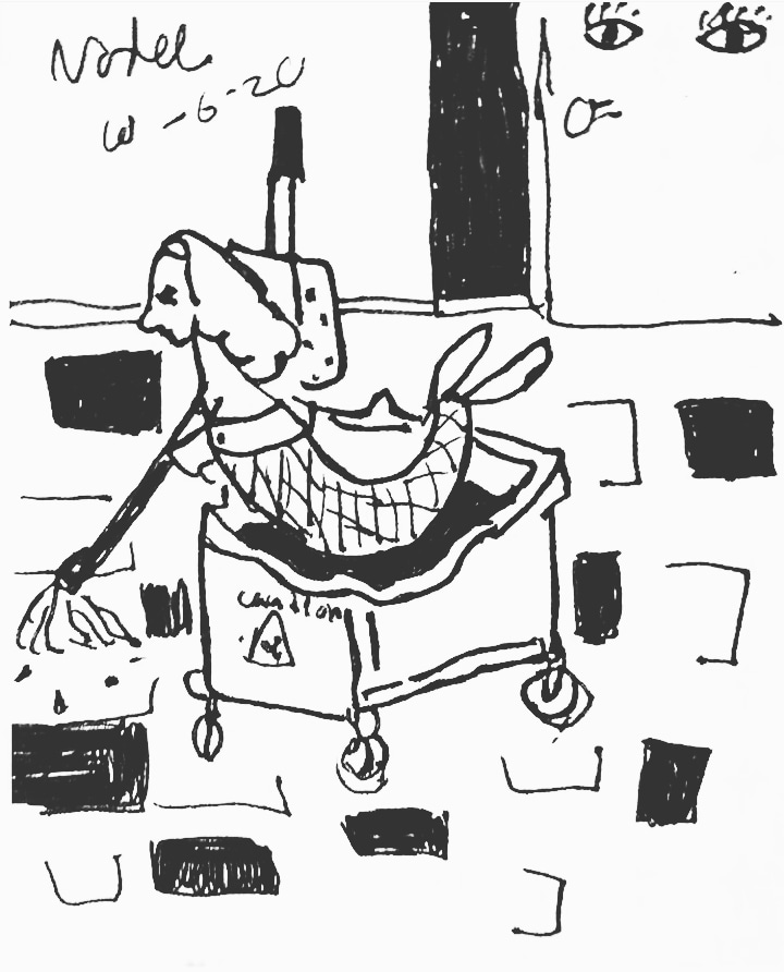 A rendering in black ink of a mermaid, seated in a janitor's trolley, mopping a tiled floor as two eyes look on from a nearby wall