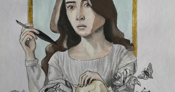 An ink painting of Emily Dickinson, her hair down, framed in gold with a bouquet of flowers and skulls beneath her. She holds a quill in her right hand. More flowers are at the top, along with a banner reading "Emily Dickinson"