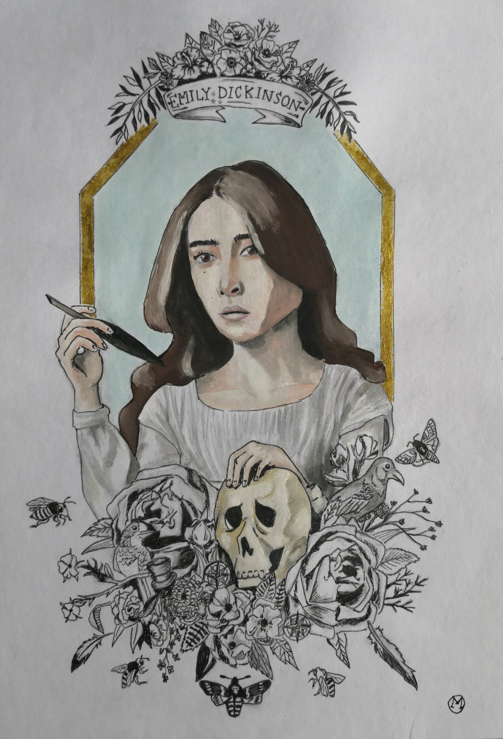 An ink painting of Emily Dickinson, her hair down, framed in gold with a bouquet of flowers and skulls beneath her. She holds a quill in her right hand. More flowers are at the top, along with a banner reading "Emily Dickinson"