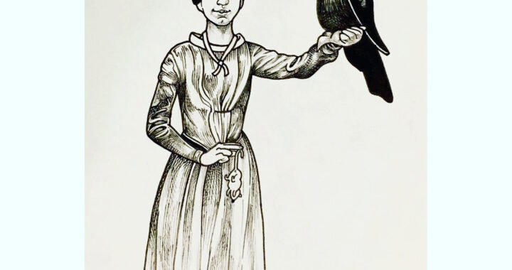 Black ink on sepia toned paper, this is a drawing of Emily Dickinson posing with a knowing smirk, holding a mouse by the thumb and forefinger of her right hand and with an enormous, mohawked bird perched on her left forearm