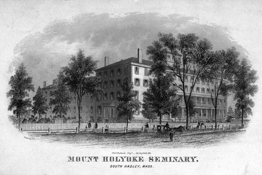 Engraving of a stately four-story building many windows, long porches & rear ell. In front are passerby and a carriage.