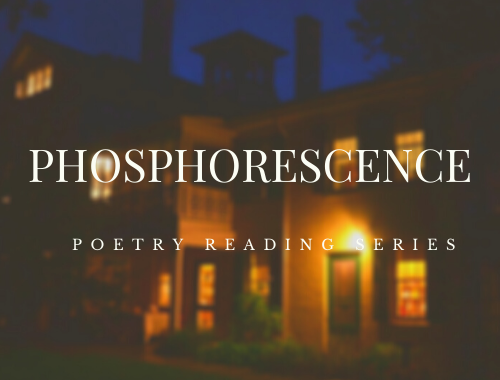 Logo for PHOSPHORESCENCE reading series featuring the Homestead glowing at night