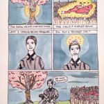 A five-panel comic in sharpie and watercolor, with the title "Autumn" over the top. The first panel is of a maple tree with a scarf tied around its trunk, a halo of light behind it, and the text "The Maples wears a gayer scarf,". The second panel shows a red gown, haloed in light, laying on top of a field of grass, with the text "The field a scarlet gown." below. The third panel is a drawing of Emily Dickinson, with the text "Lest I should be old-fashioned," above. The fourth panel is a closer drawing of ED, wearing a crown haloed by light, and the text "I'll put a trinket on." above. The last panel is Emily, in her crown, seated between the field and the maple tree. She is saying "We look gooooood".