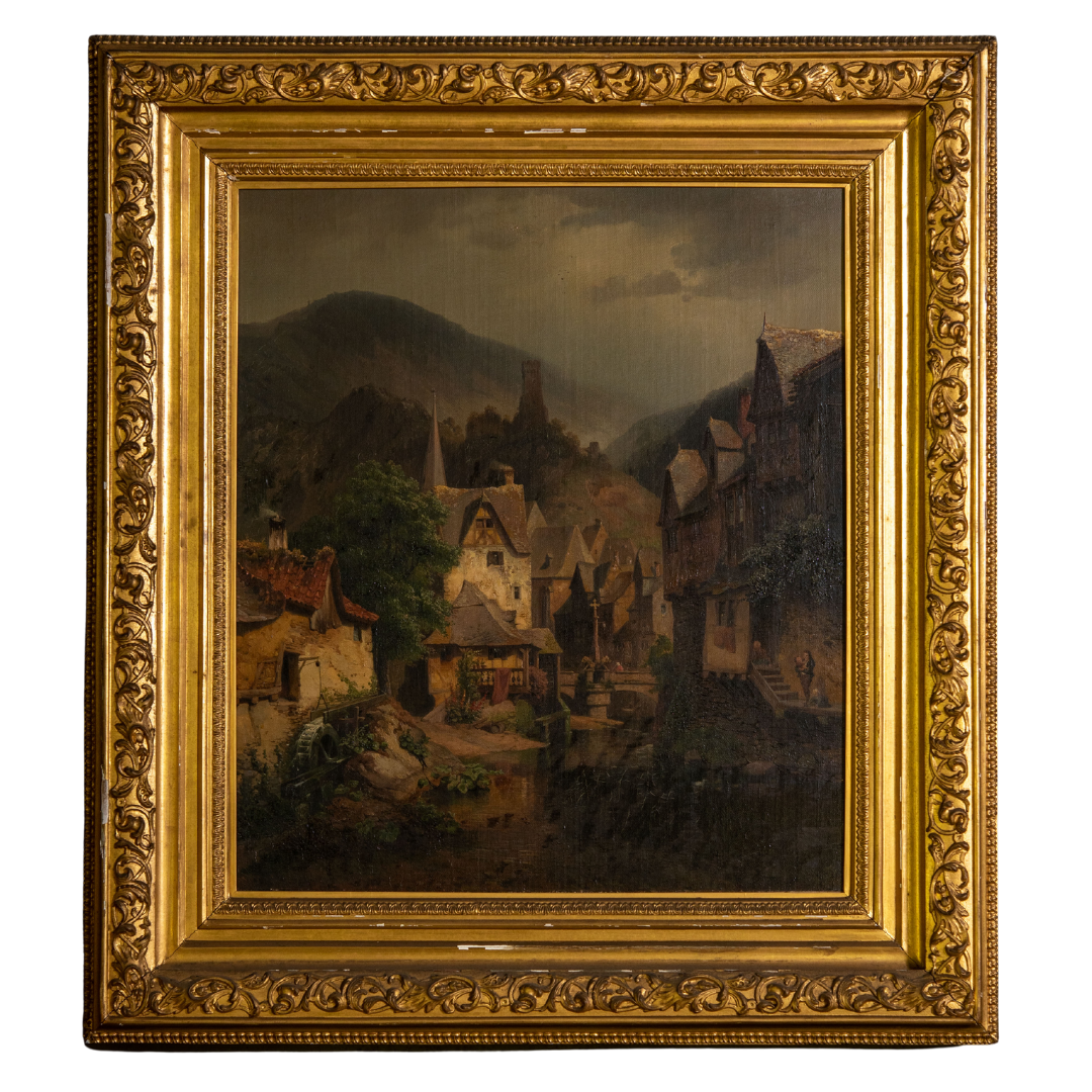 A 19th century painting of a European village framed with ornate gold.