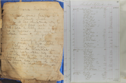 Left image account books of the Cutler Dry Goods Store and right image is the grocery bills