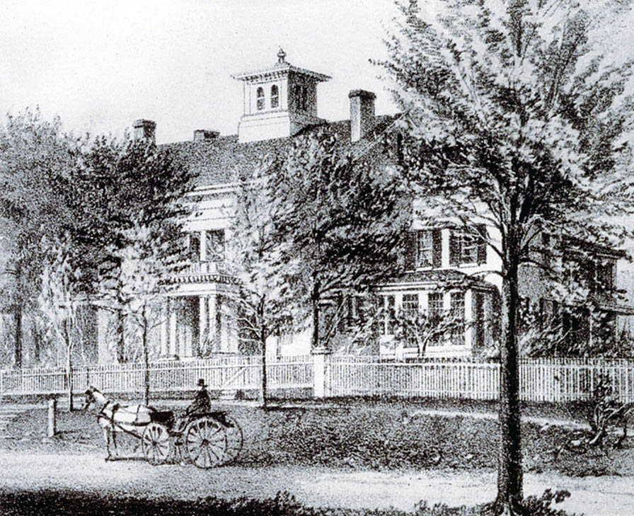 Black and white lithograph of the Homestead front facade from street. Behind the fence are many trees.