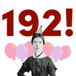 graphic for Open House at Dickinson Museum. Emily Dickinson stands in front of large numbers 192 with balloons and a birthday hat