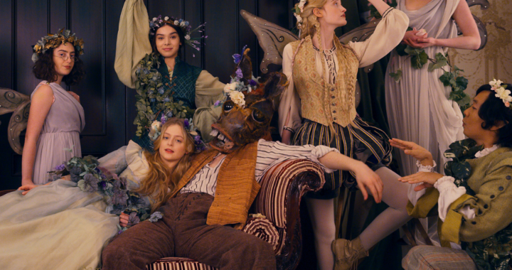 The cast of Apple TV's Dickinson in the parlor wearing Shakespearean costumes and florals