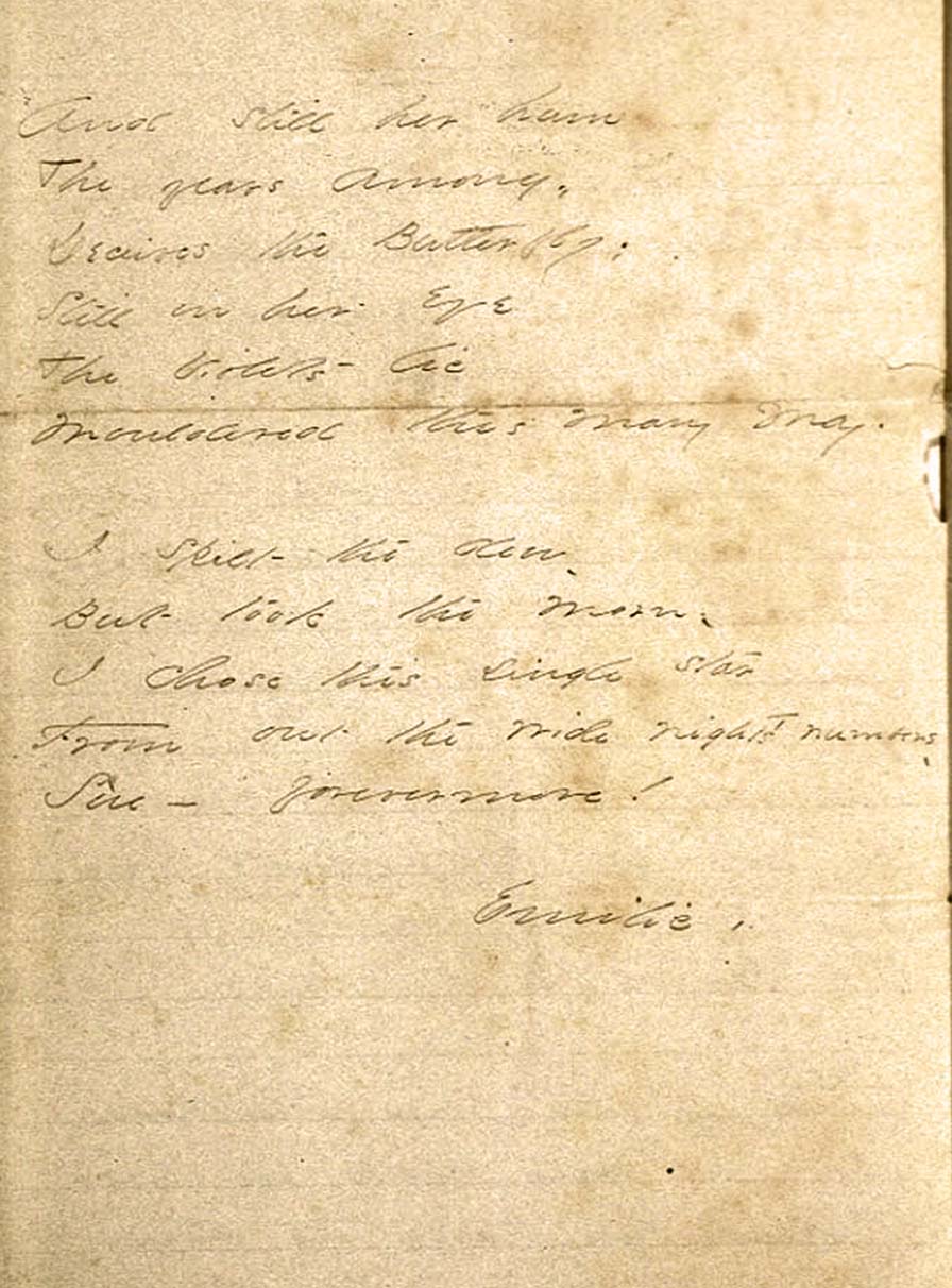 Yellowed manuscript written in script, signed “Emilie.” The paper is creased once. Manuscript begins with stanza five.