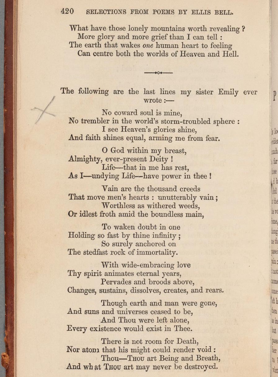 Worn book open to p. 420, printed with the poem “No coward soul is mine.” Verse is marked with a penciled “X” in left margin.