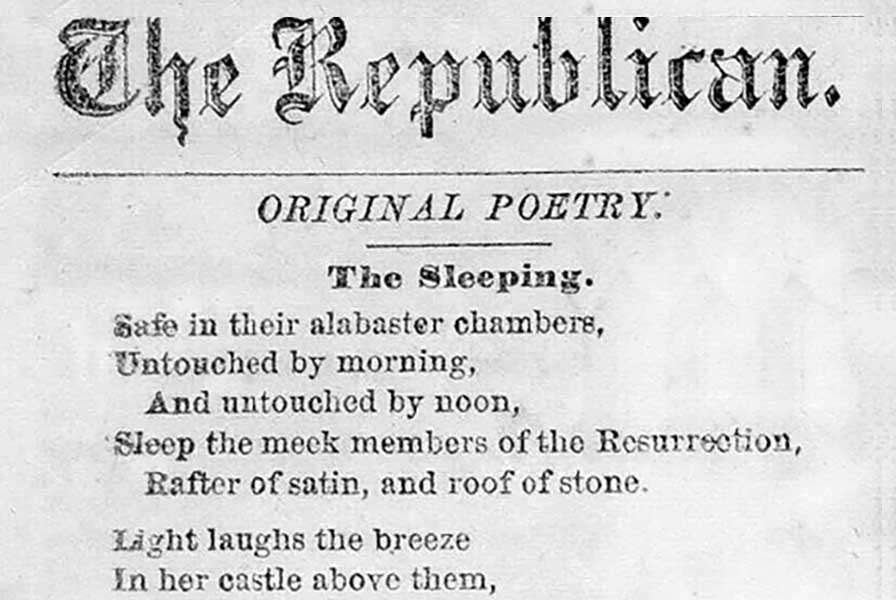 Newspaper clipping of Dickinson’s poem “Safe in their Alabaster Chambers,” titled here as “The Sleeping.”
