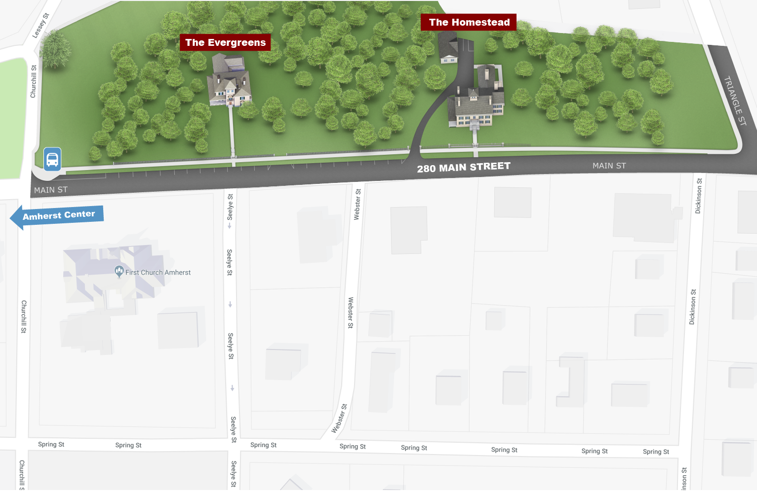 Map showing the Homestead at 280 Main Street, Amherst MA